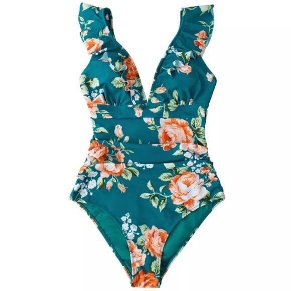 NWOT Cupshe Women's Sunny Flower Ruffled Lace-Back 1-Piece Swimsuit Teal Size XL - Picture 5 of 14